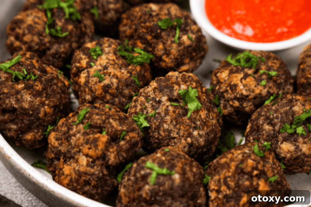 Crispy, Juicy Air Fryer Meatballs 11 Air Fryer Meatballs arranged on a serving plate with fresh herbs