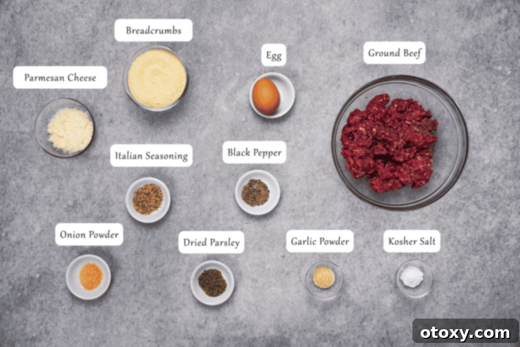 Crispy, Juicy Air Fryer Meatballs 3 Ingredients for making juicy air fryer meatballs including ground beef, breadcrumbs, egg, and seasonings