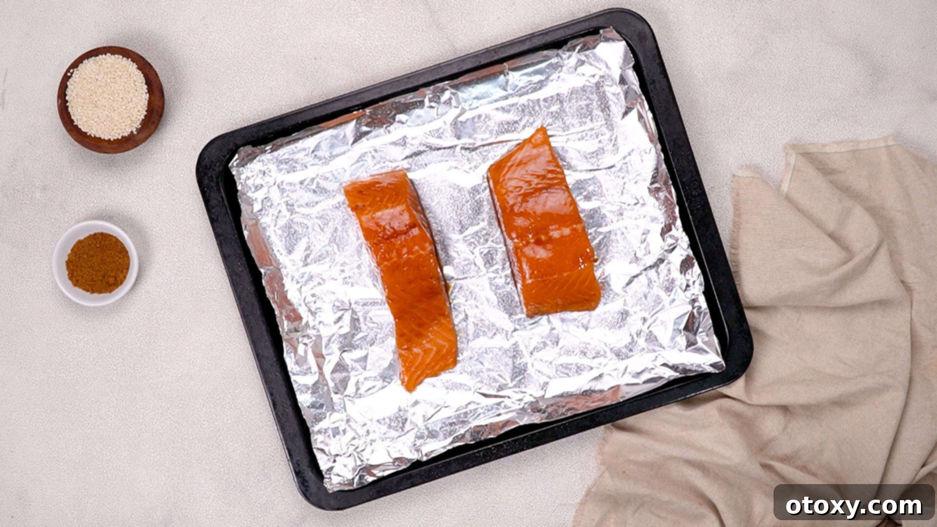 Miso salmon recipe fillets placed on a baking sheet