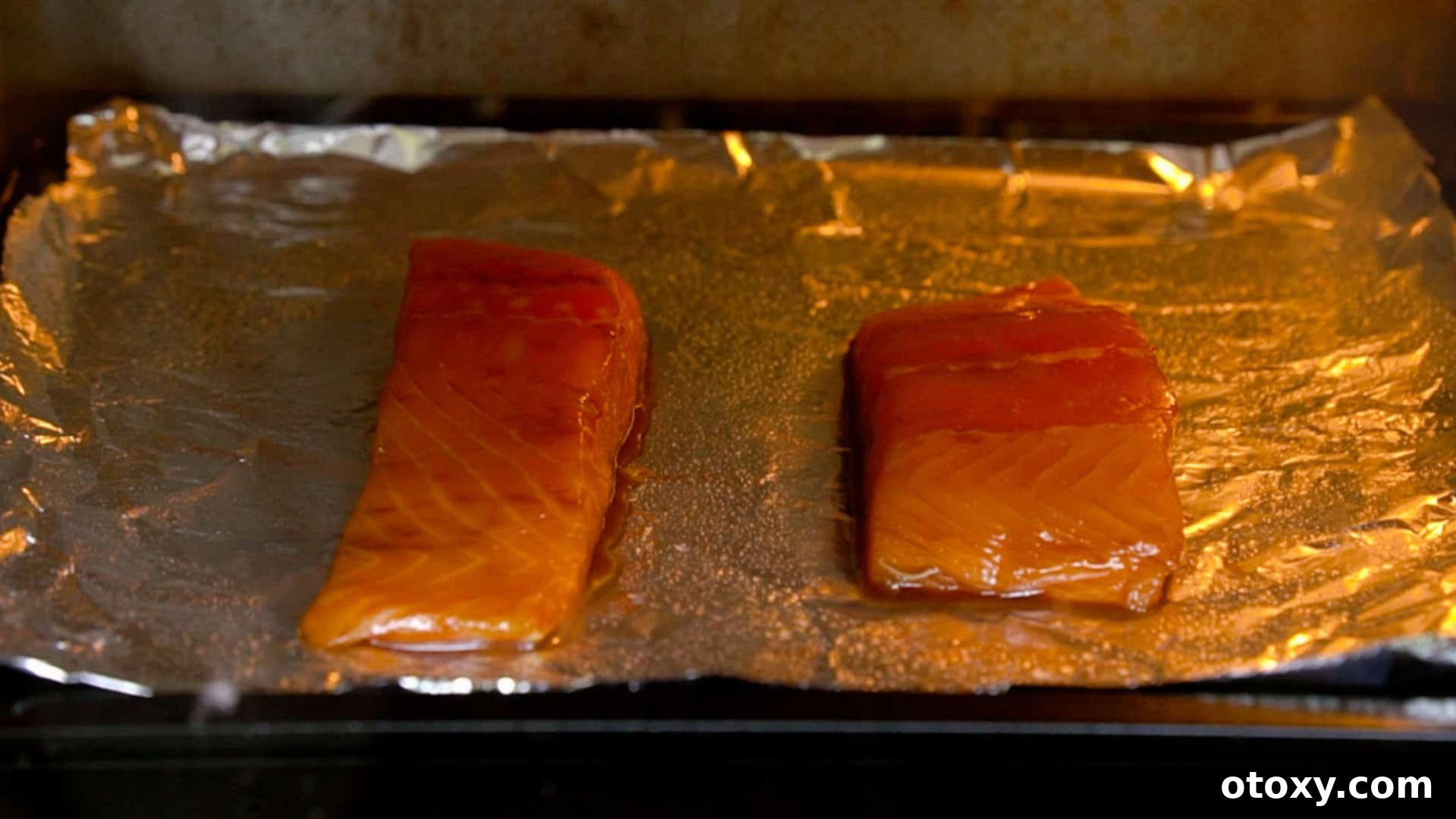 Miso salmon cooking in the oven