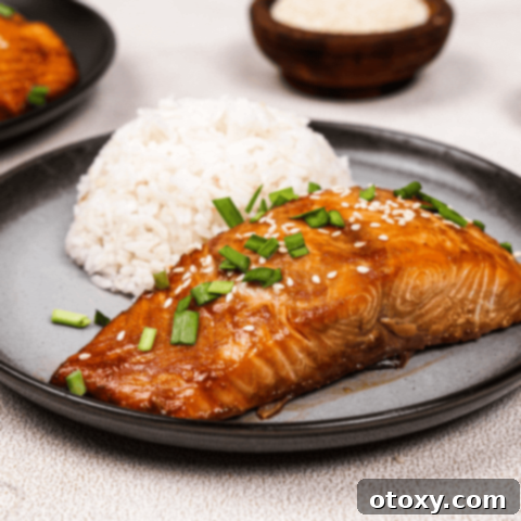 Miso salmon recipe, glazed and garnished, served with rice