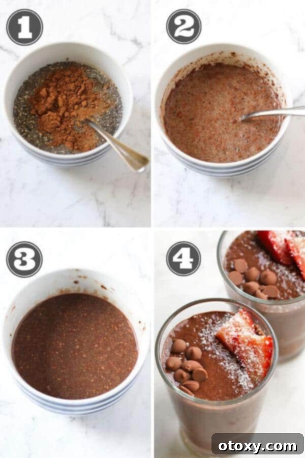 Guilt-Free Chocolate Chia Treat 4 Step-by-step photographic instructions demonstrating how to prepare easy chocolate chia puddings, from mixing to chilling.