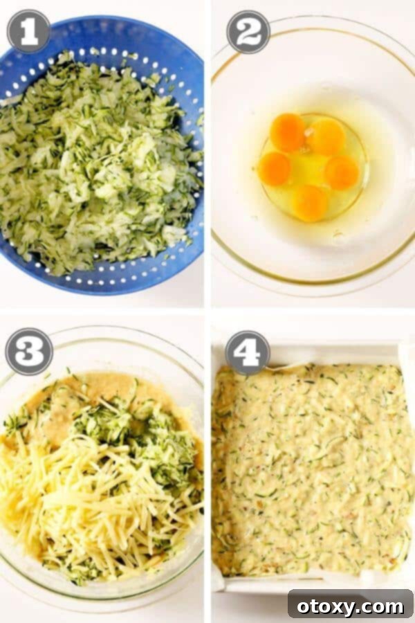 Step-by-step photos illustrating how to make healthy zucchini slice