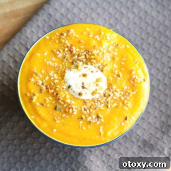 moroccan pumpkin and chickpea soup topped with dukkah and greek yoghurt.
