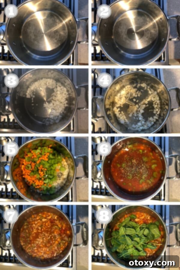 A series of step-by-step photos illustrating the cooking process for Italian vegetable orzo soup, from sautéing vegetables to simmering the broth.