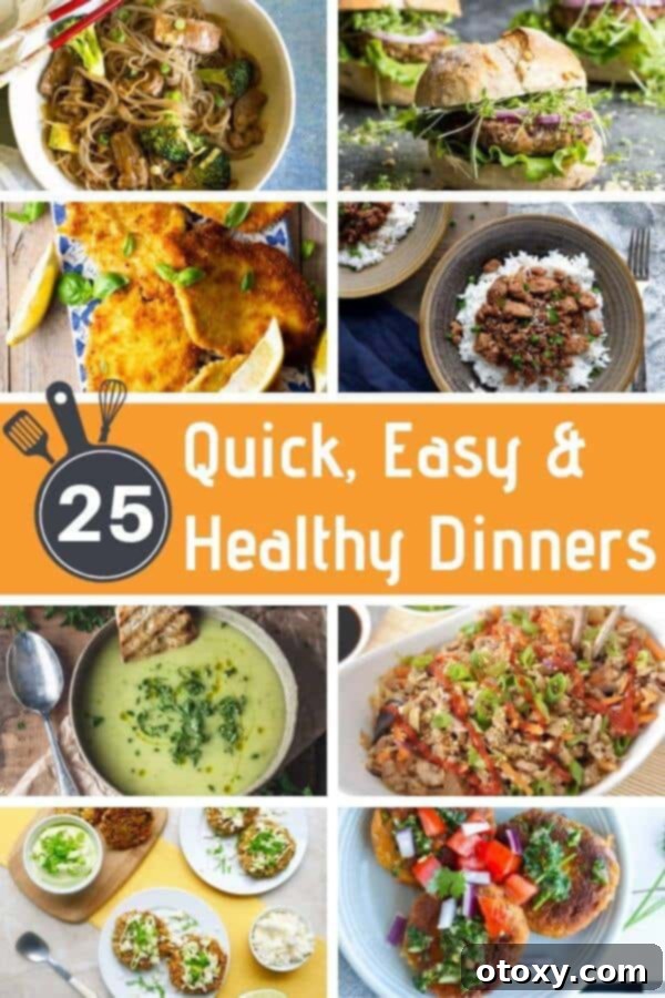A vibrant collage featuring 25 diverse and delicious quick, easy, and healthy dinner recipes, highlighting a variety of meals perfect for busy weeknights and efficient family meal planning. The image emphasizes speed and health with an inviting visual representation of the dishes.