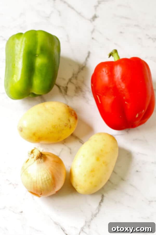 crispy breakfast potato ingredients arranged as a flat lay