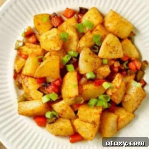 close up on a plate of crispy breakfast potatoes