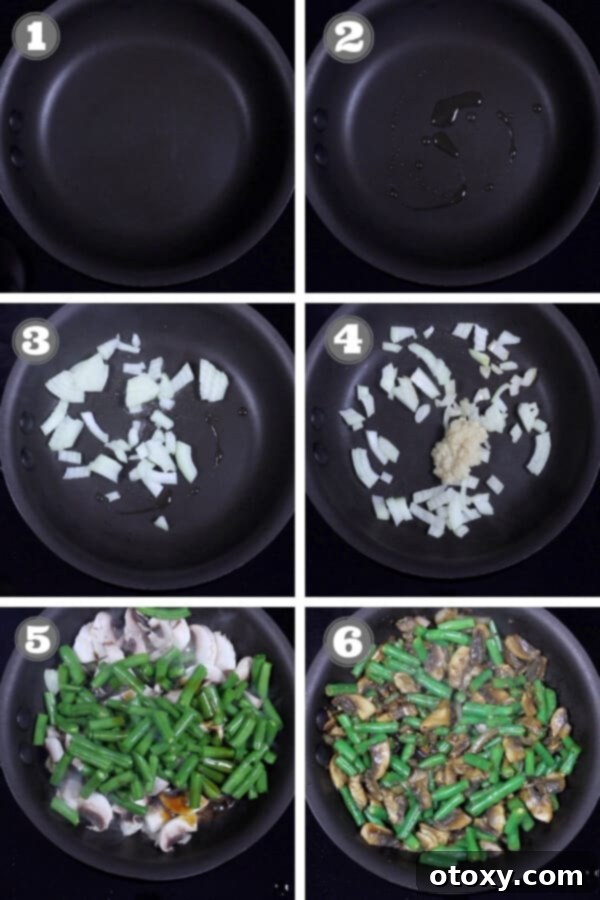 Vibrant Green Bean and Mushroom Sauté 3 step by step photos on how to make sautéed green beans and mushrooms