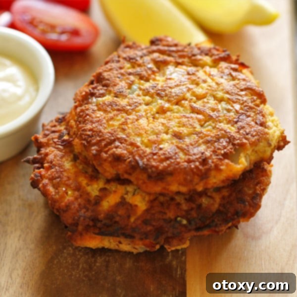 Healthy Zucchini Fritters: Gluten-Free, Paleo and Whole30 3 Close-up of golden brown carrot and zucchini fritters on a white plate, ready to serve
