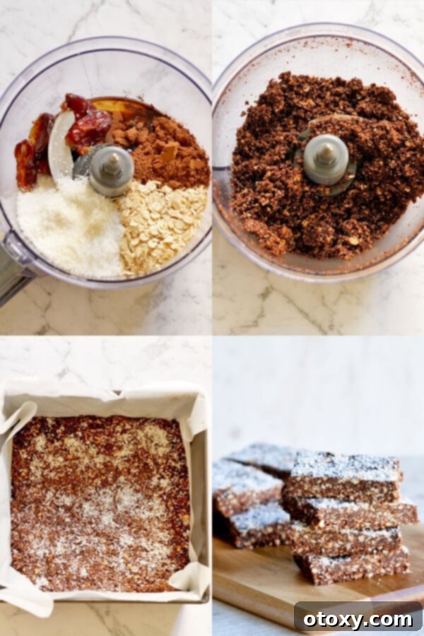 Step-by-step photos illustrating how to make no-bake chocolate coconut slice