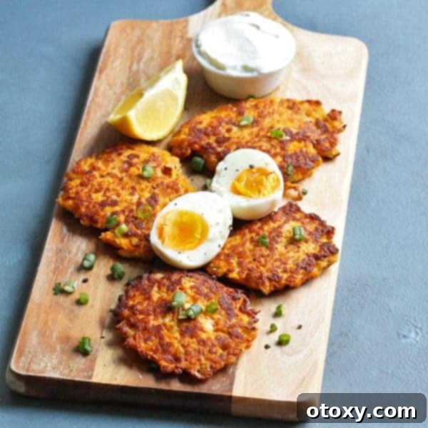 Golden brown Sweet Potato Rosti with poached eggs and avocado slices