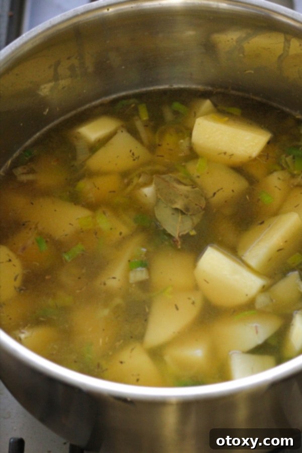 The simmering potato and leek soup, enriched with chicken stock and bay leaf, in a saucepan on the stovetop.