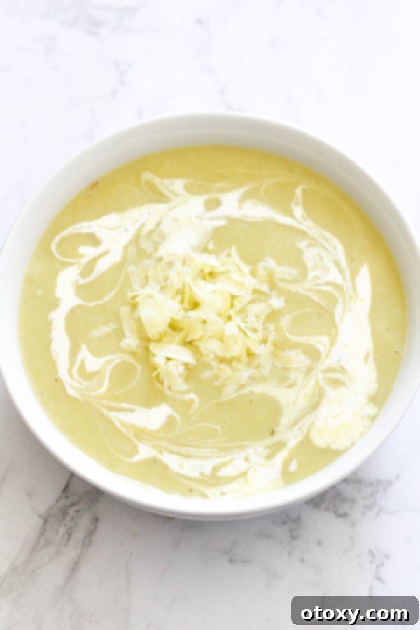 Creamy Potato and Leek Soup in a white bowl adorned with elegant swirls of heavy cream, ready to serve.