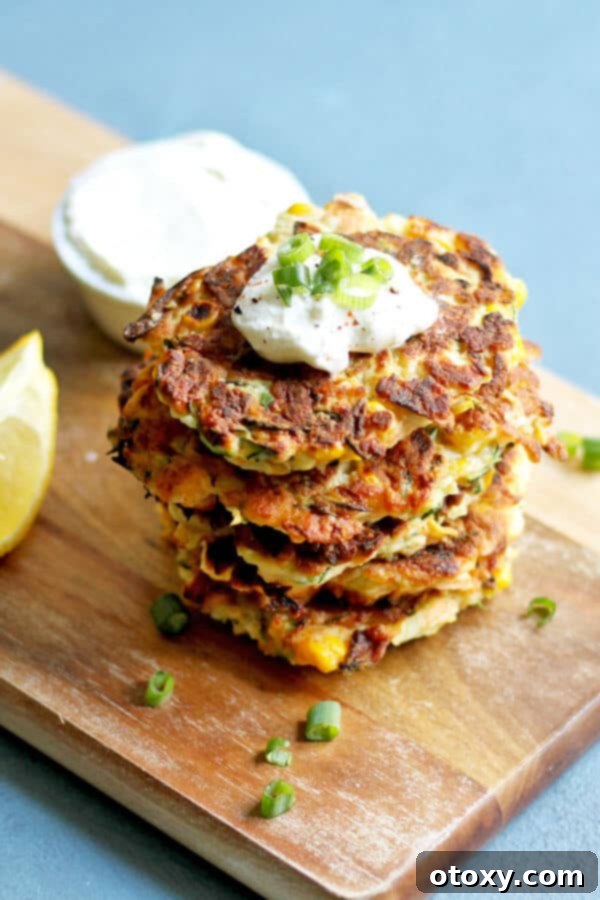 zucchini haloumi fritters stacked on a wooden serving board