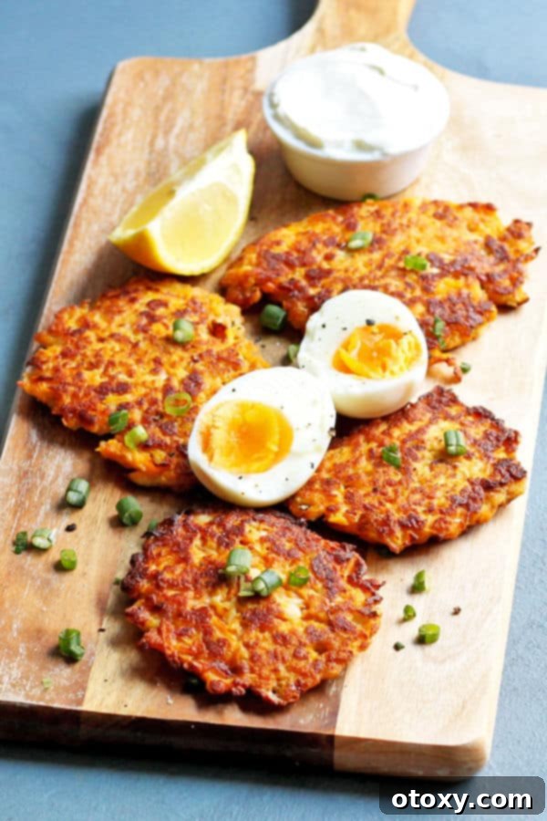 sweet potato rosti laid on top of wooden cutting board with eggs and avocado