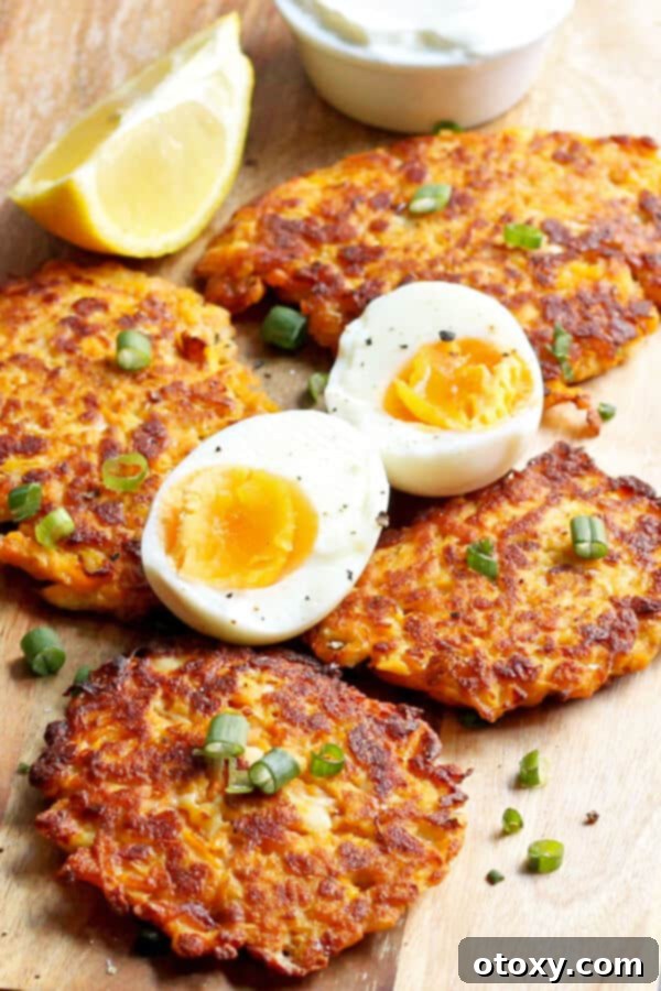 sweet potato rosti laid on a wooden cutting board with hard boiled eggs