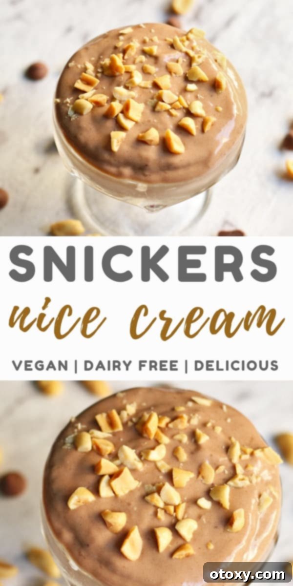 A close-up of a generous scoop of Snickers Nice Cream in a bowl, topped with crushed peanuts and chocolate chips, against a warm background.