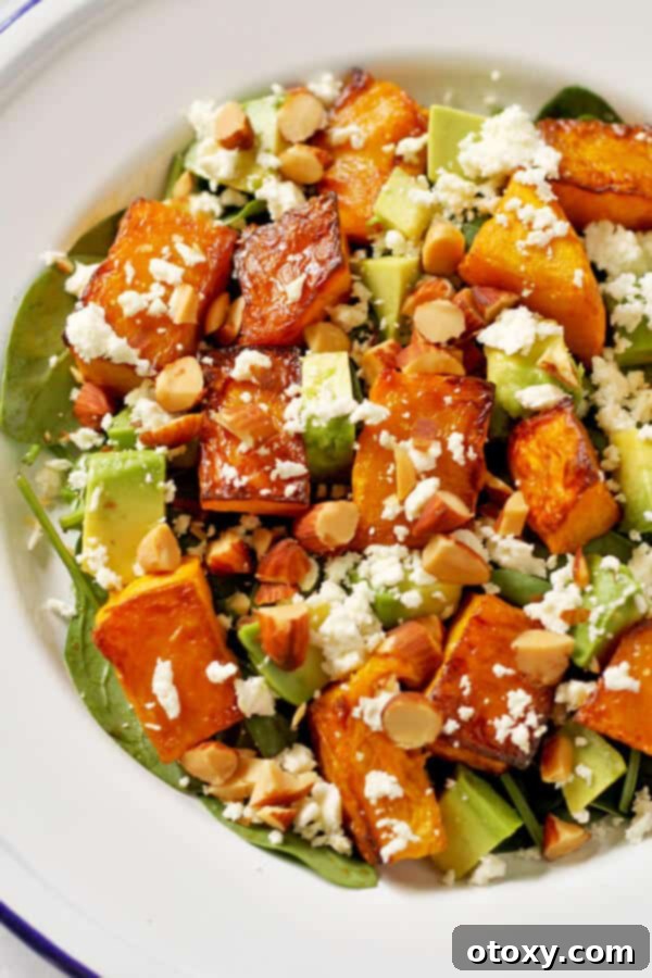 A beautiful close-up of the Roast Pumpkin, Spinach, and Feta Salad, ready to be enjoyed