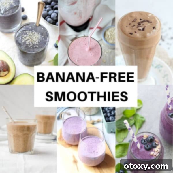 A collage featuring various banana-free smoothie pictures, highlighting diverse and creamy blended drinks without banana, for those who prefer alternatives.