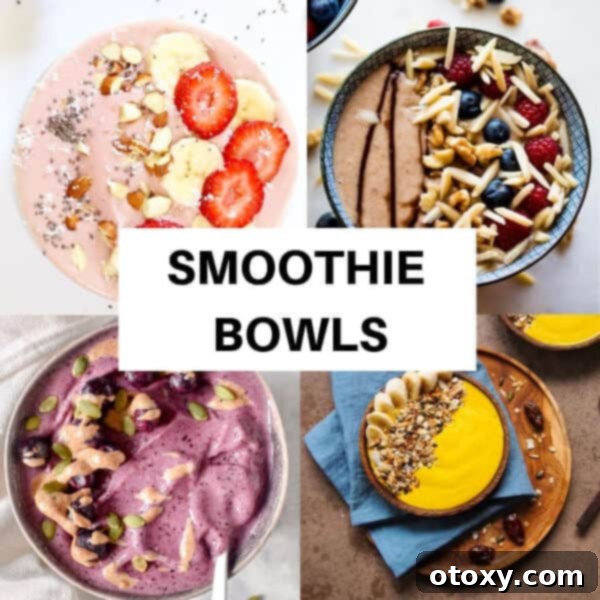 A collage of inviting smoothie bowl pictures, showcasing vibrant and artfully topped blended creations, perfect for a satisfying meal.