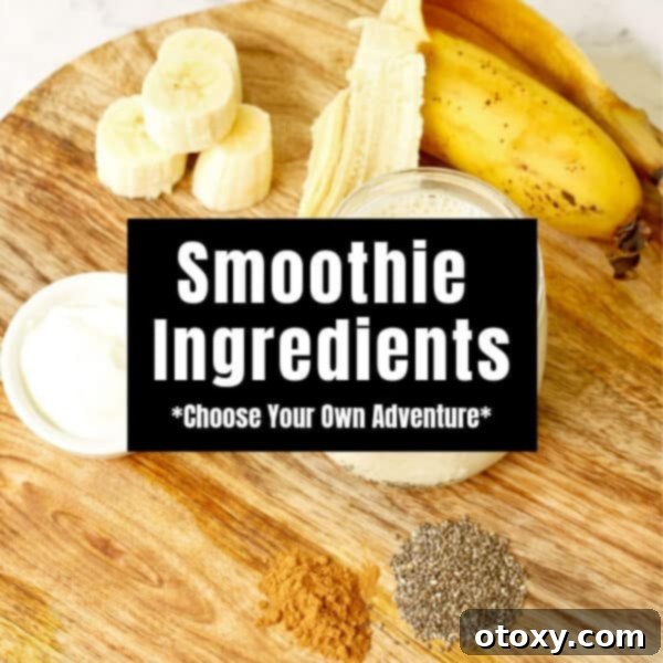 A beautifully arranged wooden board showcasing a variety of colorful smoothie ingredients, including berries, seeds, and leafy greens, with text overlay that reads "Smoothie Ingredients - Choose Your Own Adventure".