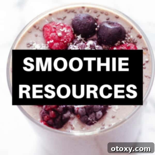 A beautiful close-up of a vibrant purple berry smoothie, topped with fresh berries and mint, with the title 'Smoothie Resources' elegantly overlaid.