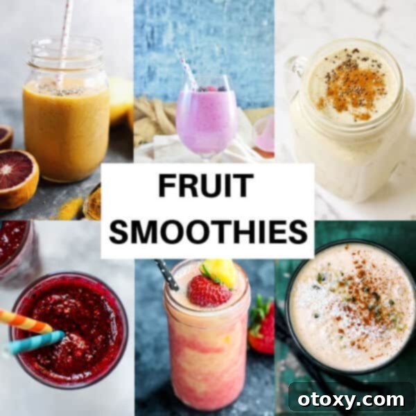 A captivating collage showcasing a variety of colorful and enticing fruit smoothies, inspiring delicious blended creations for healthy eating.