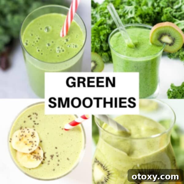 A vibrant collage featuring various refreshing green smoothie pictures, showcasing healthy and delicious blends with leafy greens.