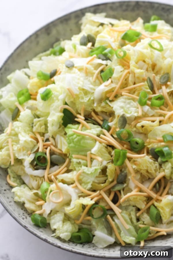 A large grey bowl brimming with freshly prepared cabbage and crunchy noodle salad.
