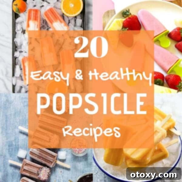 A vibrant collage of various healthy homemade popsicles in different flavors and colors, perfect for summer