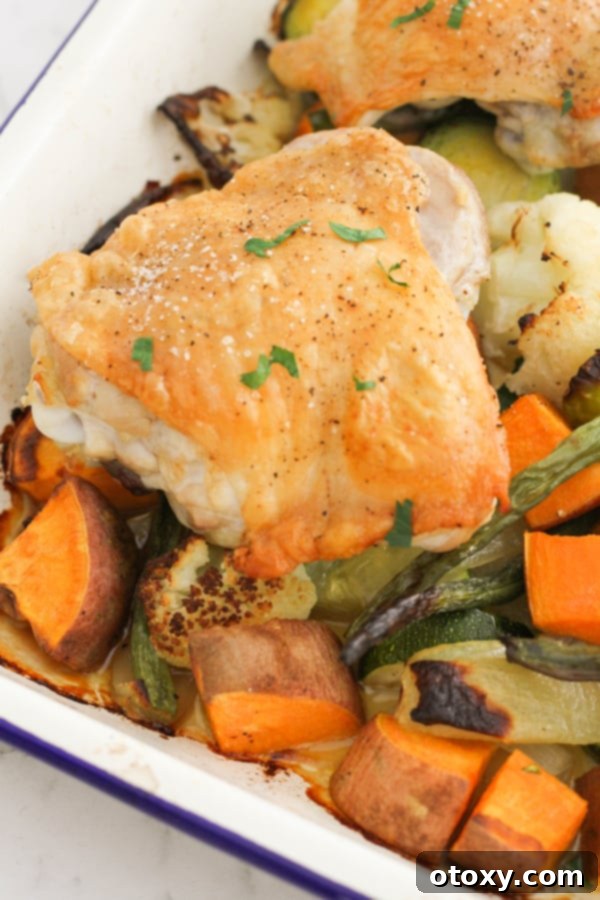 Sheet Pan Golden Chicken Thighs with Roasted Vegetables 9 A full baking tray of perfectly roasted crispy chicken thighs and tender vegetables, golden and inviting, fresh out of the oven.