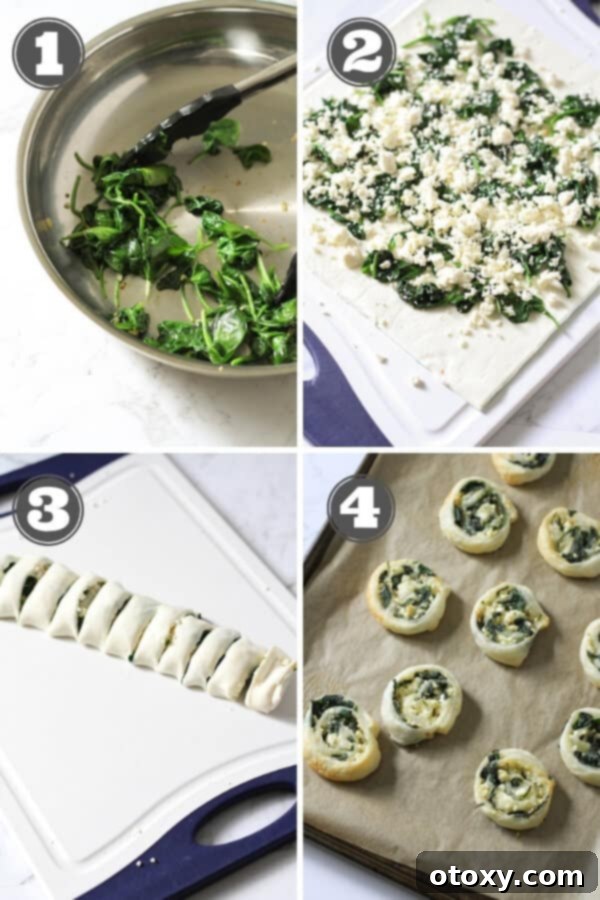 Spinach Feta Pinwheels Ready for Oven or Air Fryer 4 step by step photos on how to make spinach & feta pinwheels