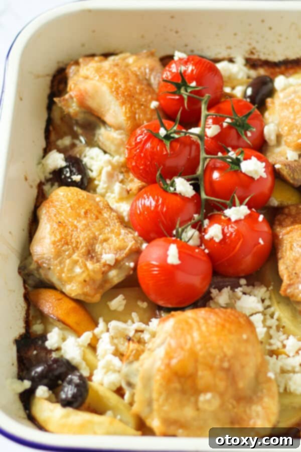 Close-up of perfectly cooked Greek chicken thighs and mixed vegetables on a white sheet pan, showcasing crispy skin and vibrant colors.