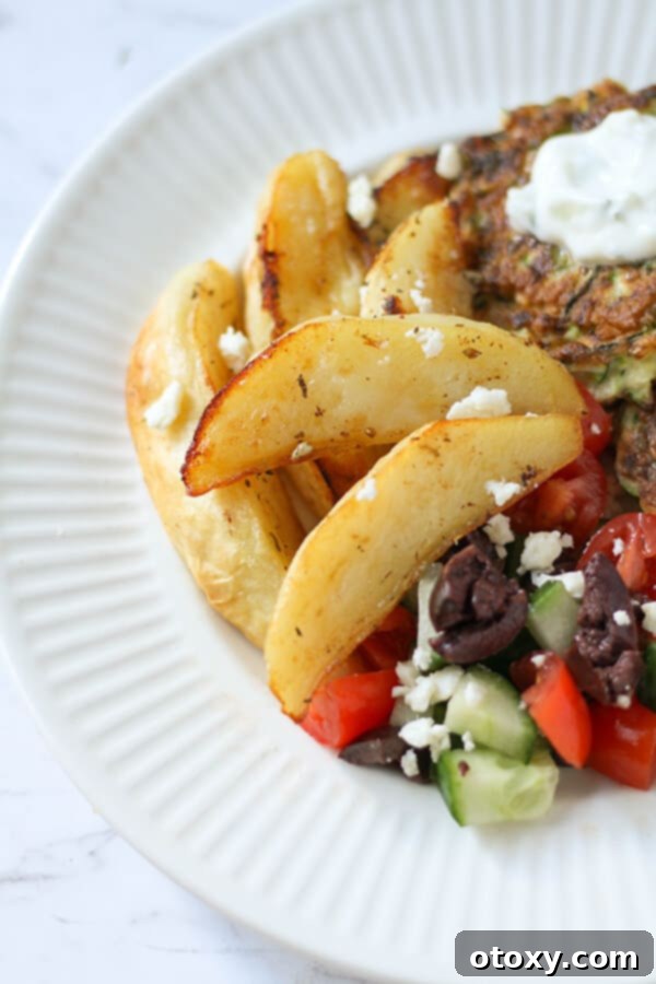 Hellenic Lemon Herb Roasted Potatoes 3 A plate of Greek lemon potatoes, accompanied by a fresh Greek salad and zucchini fritters.