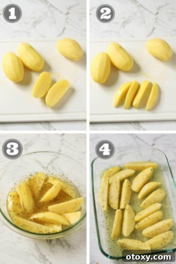 Hellenic Lemon Herb Roasted Potatoes 4 Step-by-step photos illustrating the preparation of Greek lemon potatoes, from cutting to seasoning.