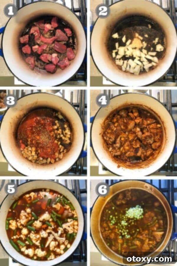 Rustic Beef and Garden Stew 3 Step-by-step photo instructions showing the preparation of beef and vegetable stew in a Dutch oven