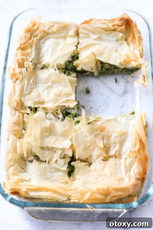 A freshly baked tray of golden-brown Spanakopita, perfectly cut into portions, ready to be served.