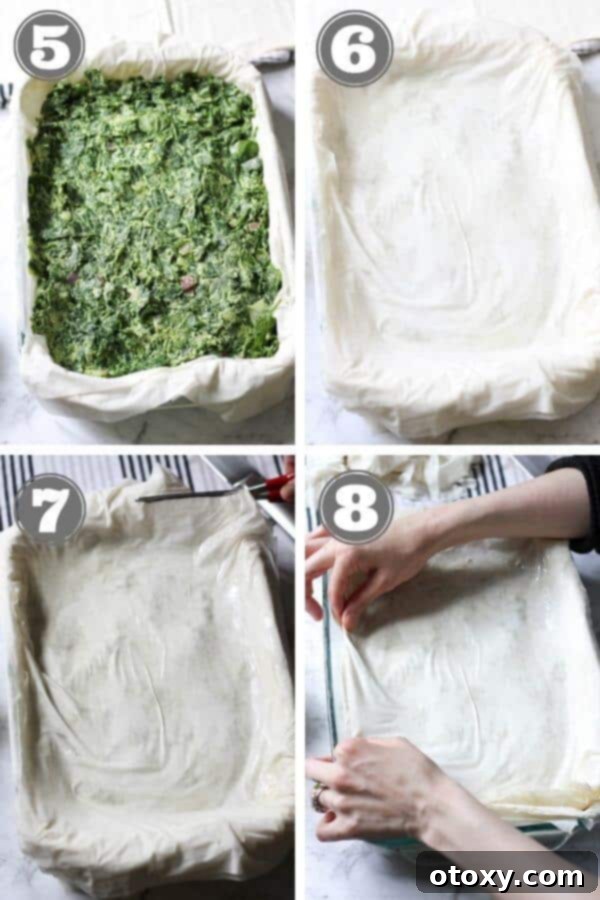 A series of images showing the latter stages of Spanakopita assembly, from pouring the filling to layering the top filo and scoring the pie.