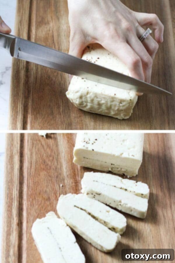 step by step photos on how to cut halloumi cheese.