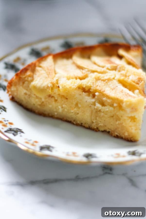 a slice of apple cake on a decorative plate.