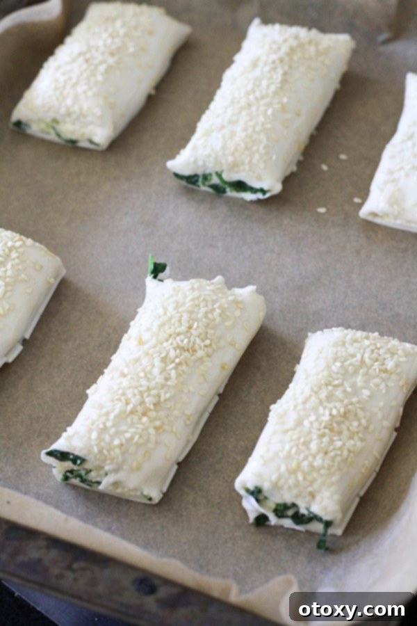 Spinach Ricotta Rolls Oven or Air Fried 9 A tray of unbaked spinach and ricotta rolls, perfectly spaced and ready to be placed in the oven, promising golden, flaky results.