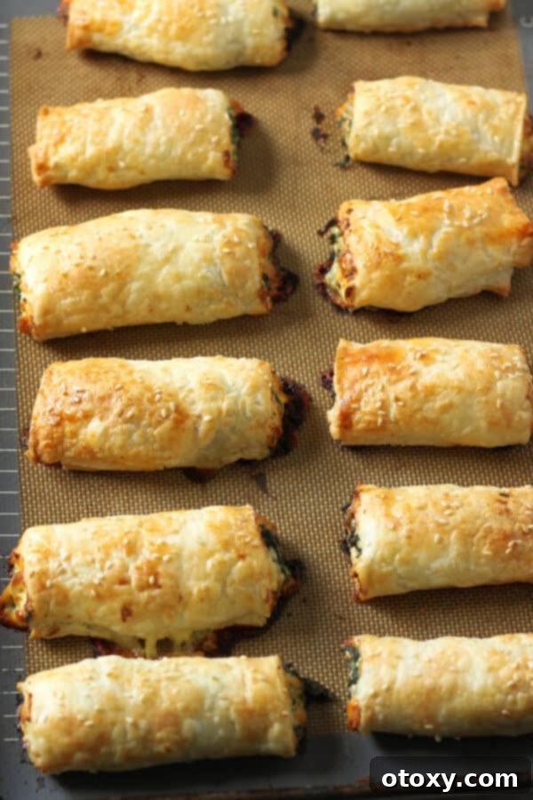 Spinach Ricotta Rolls Oven or Air Fried 10 Freshly baked spinach and ricotta rolls on a baking tray, golden and perfectly crispy, ready to be served.