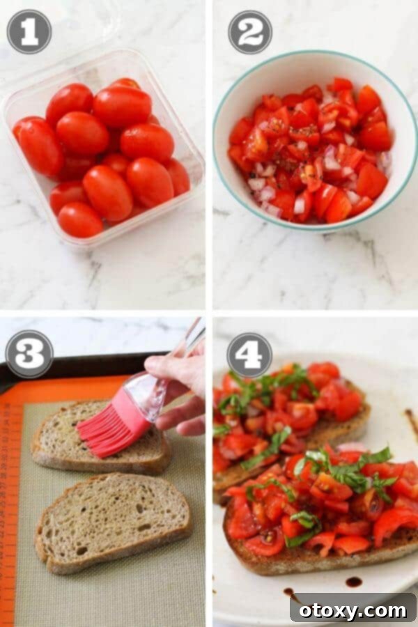 Effortless Bruschetta 3 Step-by-step photo instructions showing how to prepare bruschetta, from mixing ingredients to toasting bread and finally assembling.