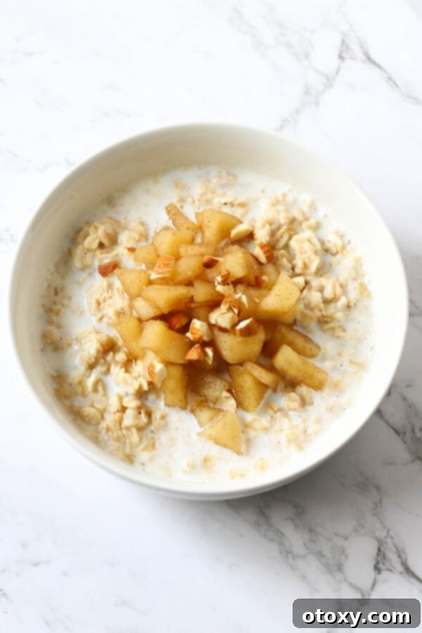 Crafting the Perfect Bowl of Oats 2 A beautifully prepared bowl of creamy oatmeal, generously topped with tender stewed apples and crunchy almond slivers, ready to be enjoyed as a comforting breakfast.