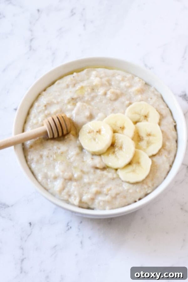 Crafting the Perfect Bowl of Oats 3 A delightful bowl of creamy oatmeal, adorned with perfectly sliced fresh bananas and a generous drizzle of golden honey, presenting a sweet and wholesome breakfast option.