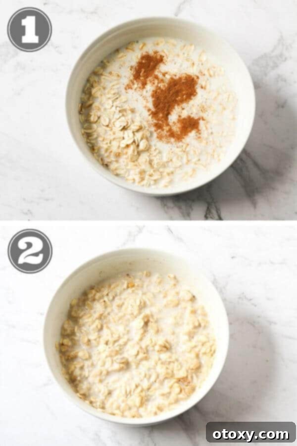 Crafting the Perfect Bowl of Oats 5 Step-by-step visual instructions demonstrating how to quickly and easily prepare a bowl of microwave oatmeal, showcasing the process from mixing to a perfectly cooked outcome.