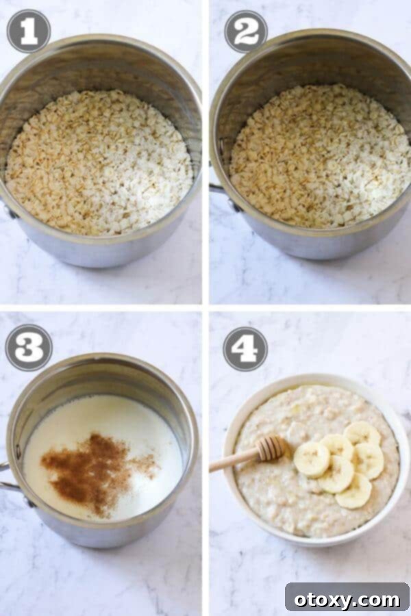 Crafting the Perfect Bowl of Oats 6 Sequential photos detailing the process of cooking oatmeal on the stovetop, from initial soak to simmering, resulting in a rich and perfectly textured breakfast.