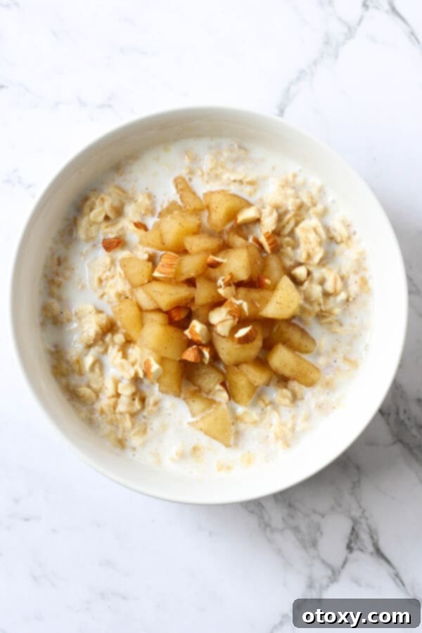 Crafting the Perfect Bowl of Oats 7 A comforting bowl of creamy oatmeal, artfully garnished with warm stewed apples and a sprinkle of crunchy almonds, ready to provide a wholesome and satisfying breakfast.