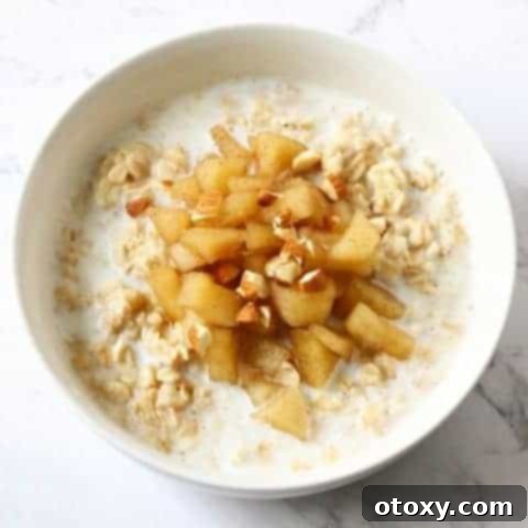 Crafting the Perfect Bowl of Oats 8 A bowl of creamy oatmeal, adorned with tender stewed apples and crunchy almond slivers, ready for a delicious breakfast.